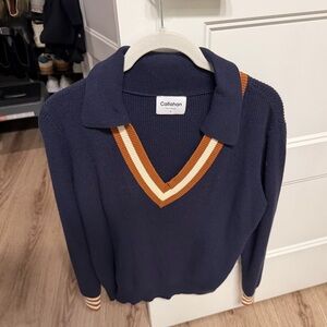 Callahan Navy V-Neck Sweater with Orange and Cream Stripe Trim